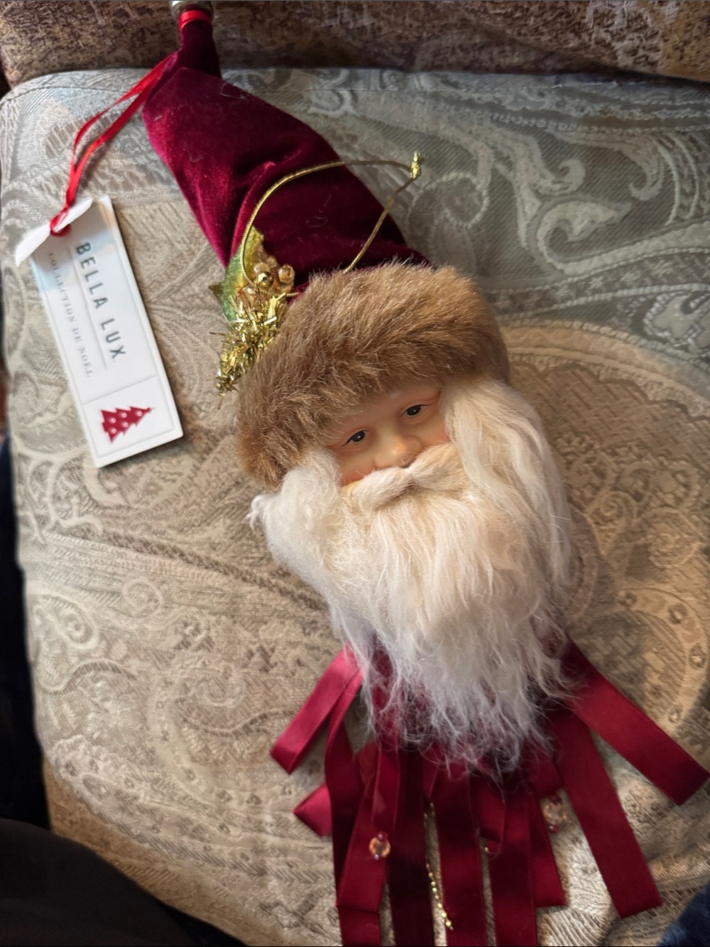 Bella Lux Burgundy Velvet Santa Head Hanging Ornament with Faux Fur Trim